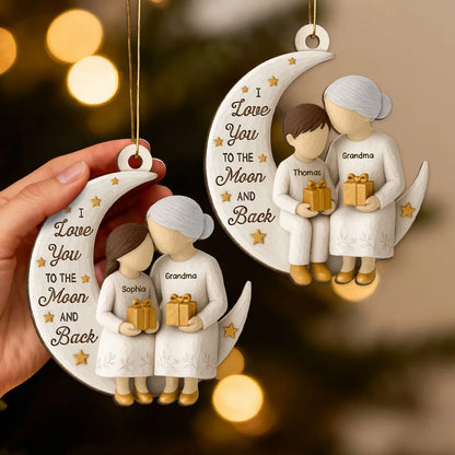 Wooden Ornament - Grandma & Grandkid on Crescent Moon, Customizable, unique gift for Granddaughter or Grandson