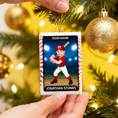 Baseball Card Acrylic Ornament, Cute Batting Pose, unique Christmas gift for Son, Daughter, Grandson or Granddaughter