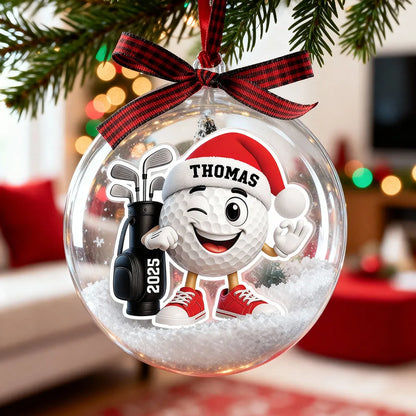 Snow Globe Ornament with Winking Santa Golf Ball, Christmas Tree Decor, playful keepsake, unique gift for golfers and Dad