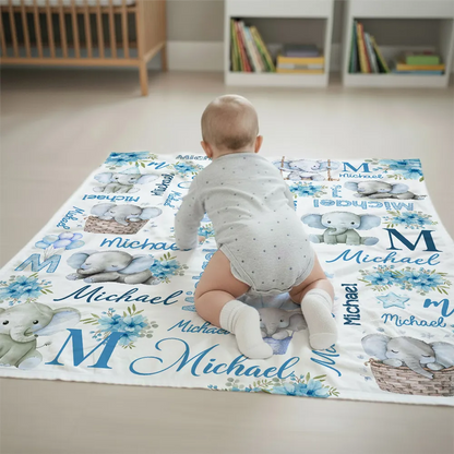 Custom Name Baby Fleece Blanket with Cute Pink Elephant Illustrations, Lightweight Cozy Throw, Adorable Personalized Gift