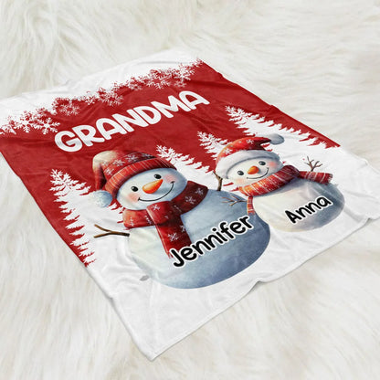 Fleece Blanket, Cute Snowman Family, Personalized, Snowy Forest Red & White, Cozy Winter Decor, Unique Grandma Gift
