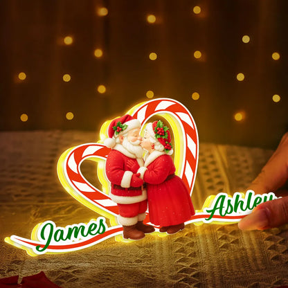 Personalized Acrylic Light Box - Santa Couple Kissing with Candy-Cane Heart, Warm Glow Holiday Decor, Unique Gift for Couples