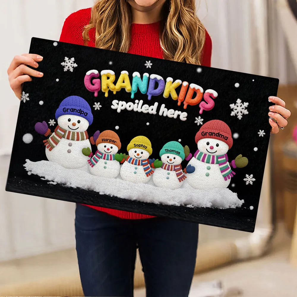 Doormat Personalized Snowman Family for Entryway, Grandkids Spoiled Here, cozy winter look, unique gift for Grandparents