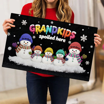 Doormat Personalized Snowman Family for Entryway, Grandkids Spoiled Here, cozy winter look, unique gift for Grandparents