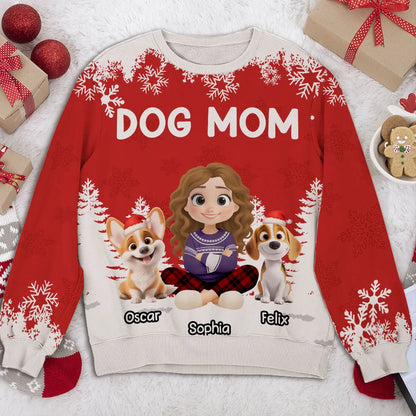 Personalized Dog Mom Printed Sweatshirt with Cartoon Portrait & Puppy, Festive Snowflake Design, Unique Christmas Gift for Pet Lovers
