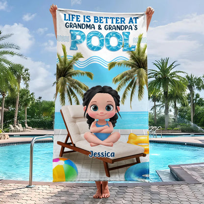 Custom Beach Towel for Grandchildren – Poolside Lounge Design, Gift from Grandma & Grandpa