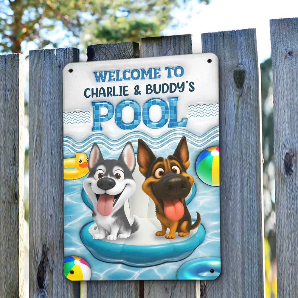 Personalized Iron Sign with Happy Cartoon Dog on Pool Float, Bright Pool Decor and Unique Gift for Dog Lovers