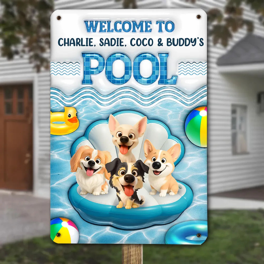Personalized Iron Sign with Happy Cartoon Dog on Pool Float, Bright Pool Decor and Unique Gift for Dog Lovers