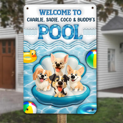 Personalized Iron Sign with Happy Cartoon Dog on Pool Float, Bright Pool Decor and Unique Gift for Dog Lovers