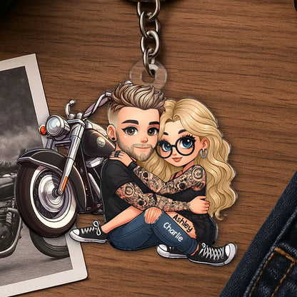 Acrylic Keychain with Couple and Motorcycle Design, High Clarity, Romantic Gift for Couples