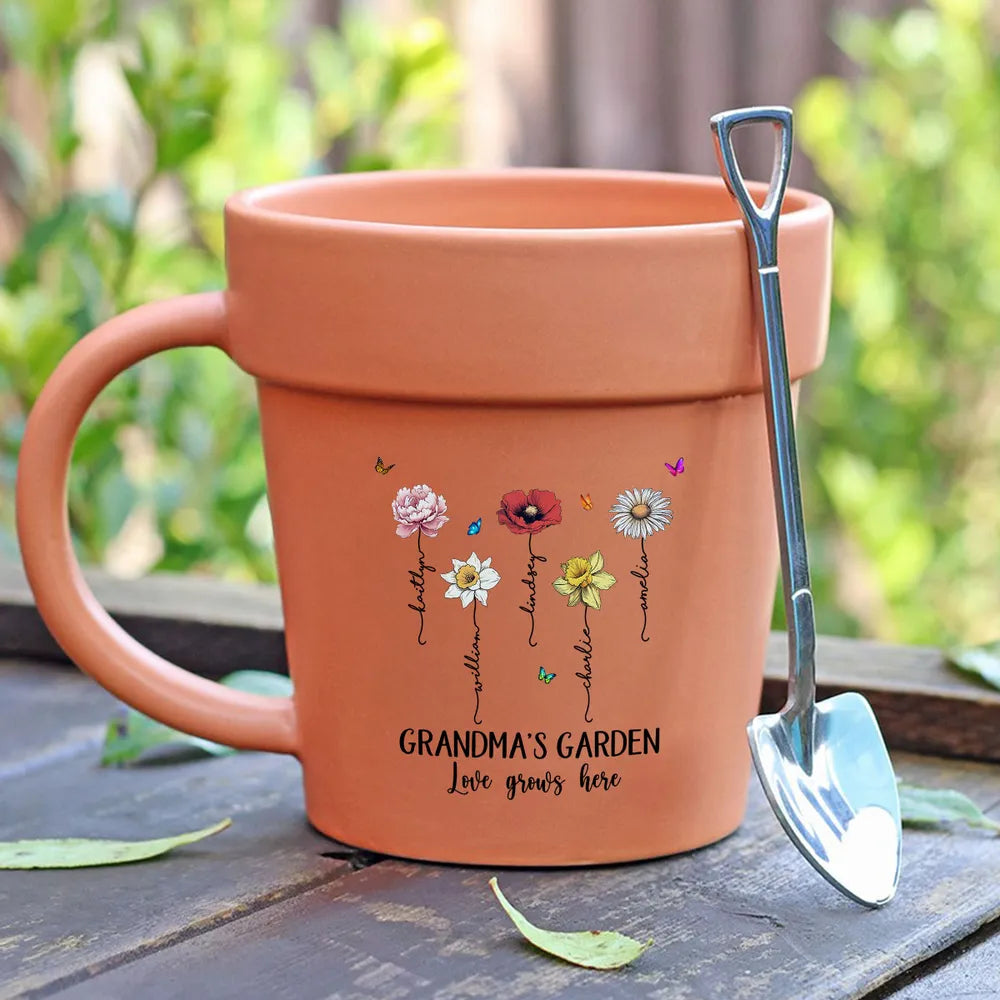 grandma's garden plant pot “Grandma’s Garden” Personalized Plant Pot Mug – Custom Gift for Grandma, Floral Design