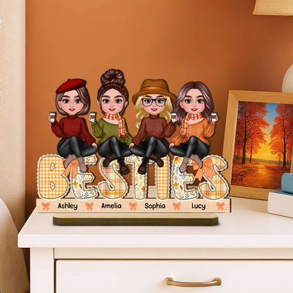 BESTIES Wooden Plaque – Autumn Coffee Time with Friends & Sisters, Personalized Gift for Best Friends
