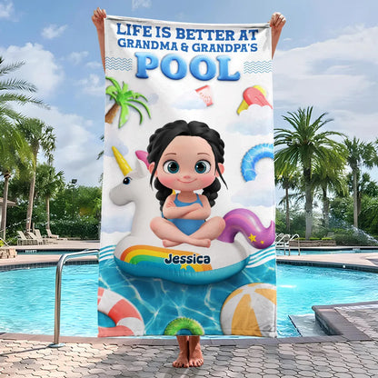 Custom Beach Towel for Grandchildren – 'Life Is Better at Grandma & Grandpa’s Pool', Fun Summer Gift