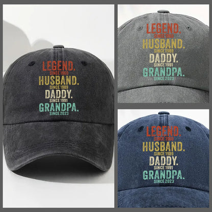 Personalized Washed Denim Baseball Cap with Legend Husband Daddy Quote - Vintage Look Everyday Wear Unique Gift for Dad