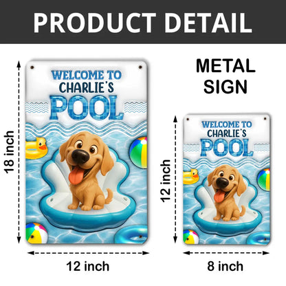 Personalized Iron Sign with Happy Cartoon Dog on Pool Float, Bright Pool Decor and Unique Gift for Dog Lovers