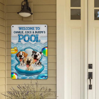 Personalized Iron Sign with Happy Cartoon Dog on Pool Float, Bright Pool Decor and Unique Gift for Dog Lovers