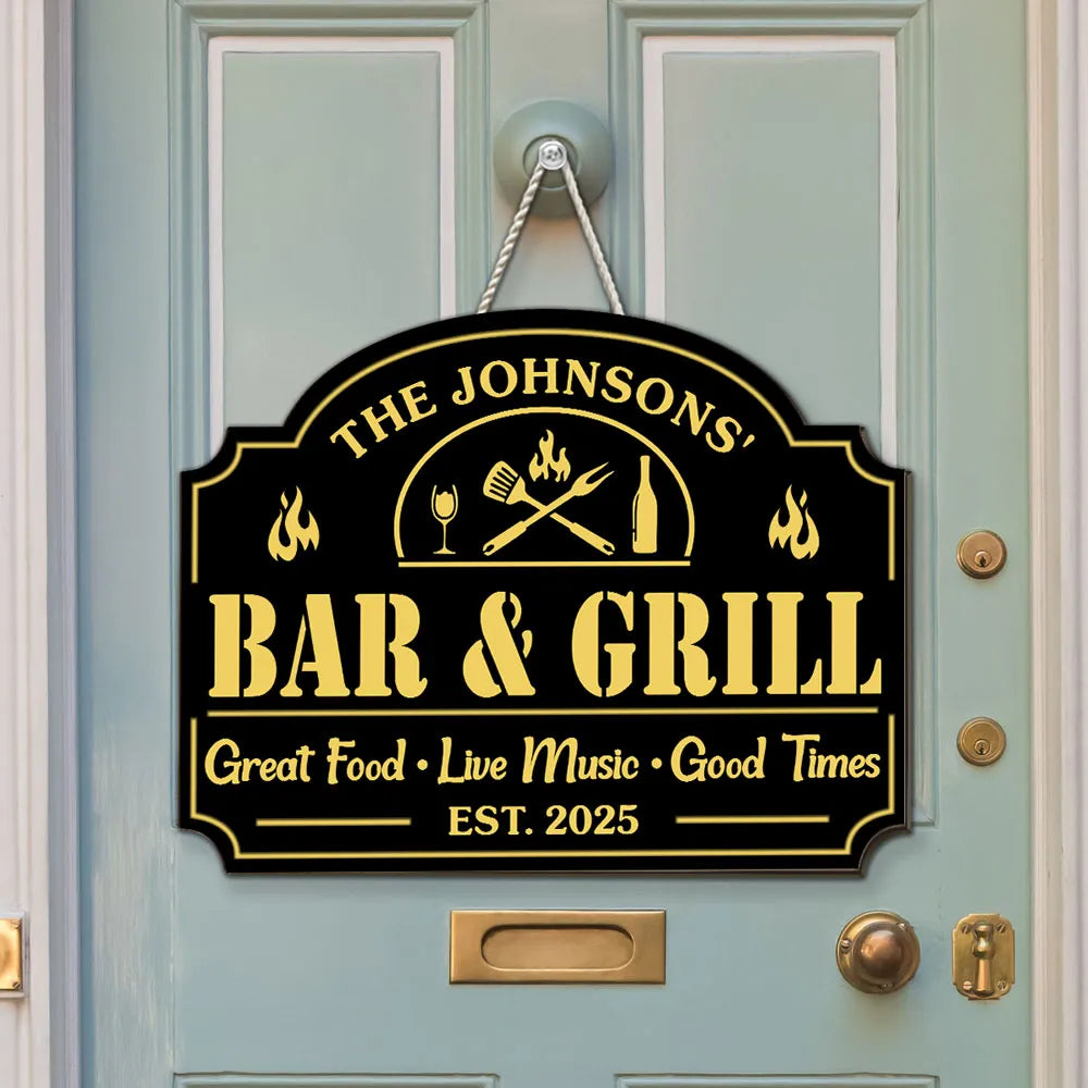 Personalized Wooden Sign with Flame & Grill Tools, Unique Gift for Backyard Bar Hosts