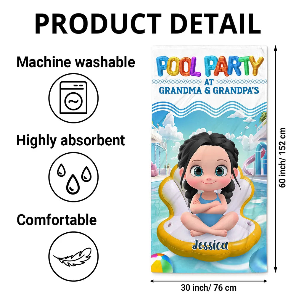 Pool Party at Grandma & Grandpa’s Personalized Beach Towel – Cute Summer Gift for Kids and Grandkids