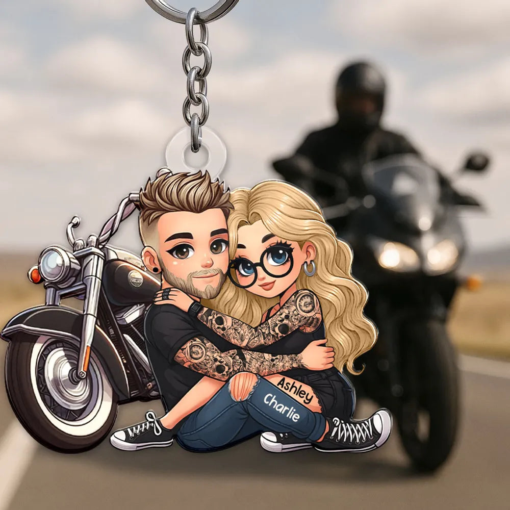 Acrylic Keychain with Couple and Motorcycle Design, High Clarity, Romantic Gift for Couples