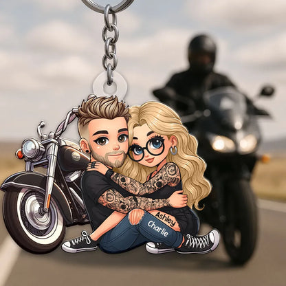 Acrylic Keychain with Couple and Motorcycle Design, High Clarity, Romantic Gift for Couples