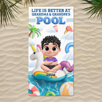 Custom Beach Towel for Grandchildren – 'Life Is Better at Grandma & Grandpa’s Pool', Fun Summer Gift