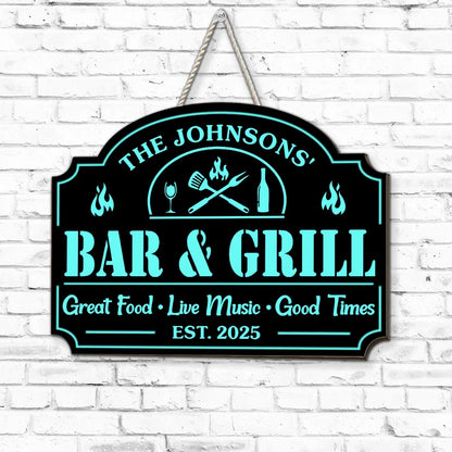 Personalized Wooden Sign with Flame & Grill Tools, Unique Gift for Backyard Bar Hosts