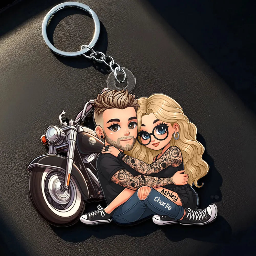 Acrylic Keychain with Couple and Motorcycle Design, High Clarity, Romantic Gift for Couples