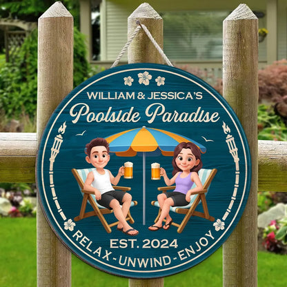 Poolside Paradise Wooden Sign – Personalized Couple Design, Romantic Backyard Gift for Lover