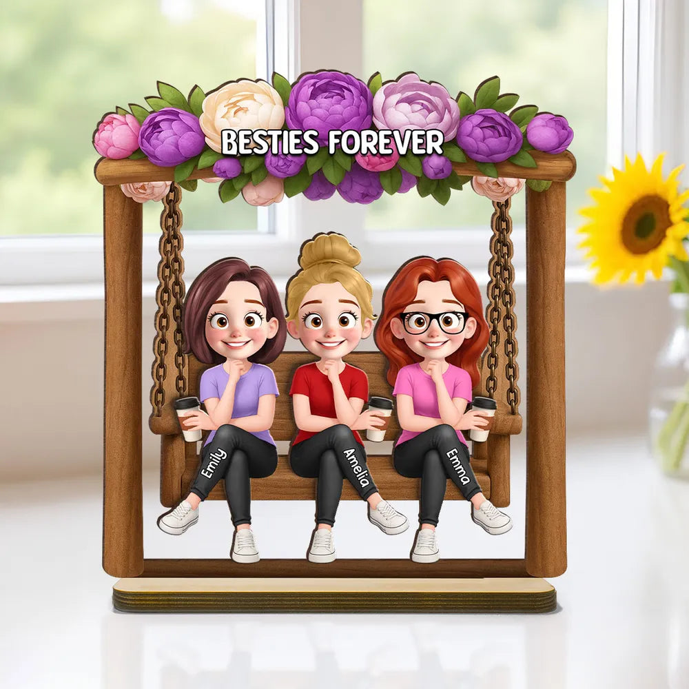 Personalized Layered Wooden Plaque, Friends On Swing Flower Art, Unique Creative Gift For Sister