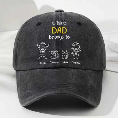 Baseball Cap, Washed Denim Personalized 'This Dad Belongs To' Design, Adjustable & Breathable - Unique Gift for Dad
