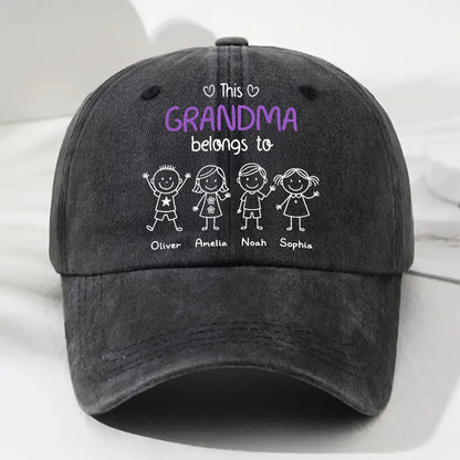 Washed Denim Baseball Cap - 'This Grandma Belongs To' Personalized, Hand-Drawn Stick Kids, Unique Gift for Grandma