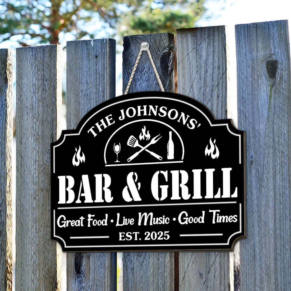 Personalized Wooden Sign with Flame & Grill Tools, Unique Gift for Backyard Bar Hosts