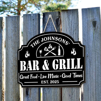 Personalized Wooden Sign with Flame & Grill Tools, Unique Gift for Backyard Bar Hosts