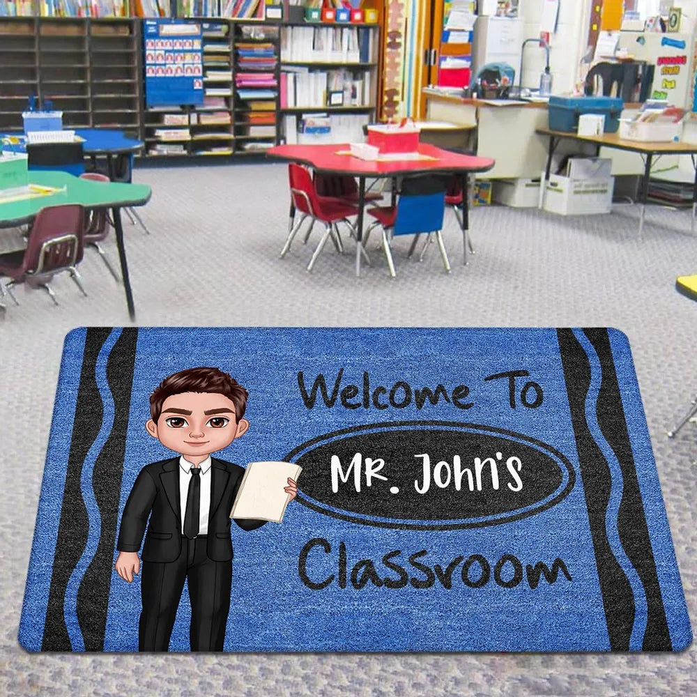 Custom Teacher Doormat with Name & Character – Great Gift for Male Female Teachers, Classroom Decor