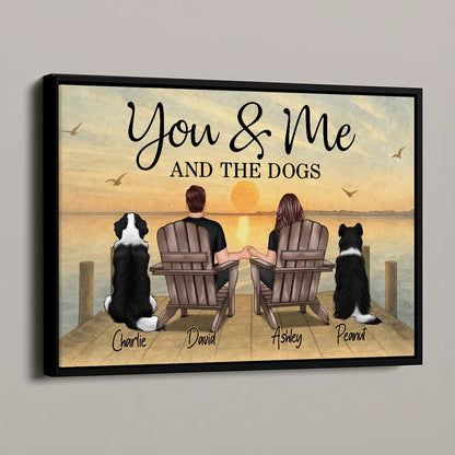 "You & Me and the Dogs – Customizable Couple Poster with Pets, Personalized Beach Scene"
