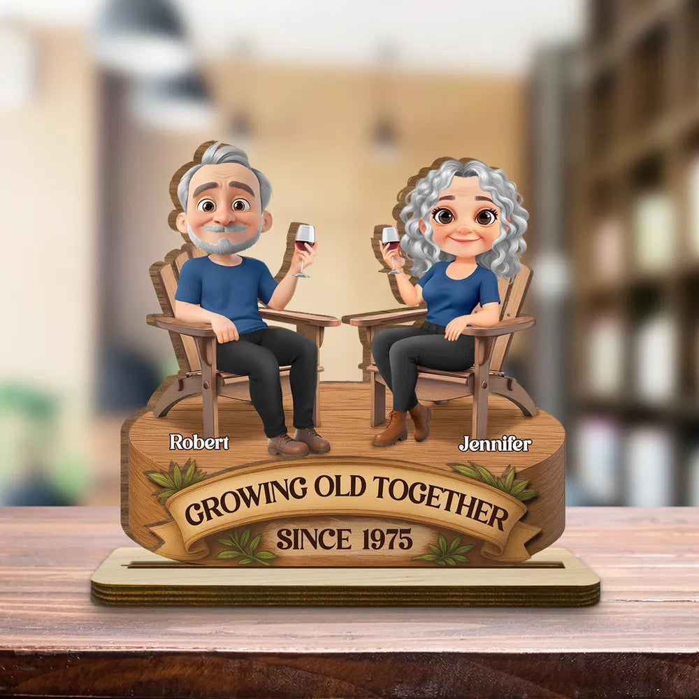 Growing Old Together 2-Layer Wooden Plaque, Seated Couple Toasting, Unique Gift for Husband & Wife