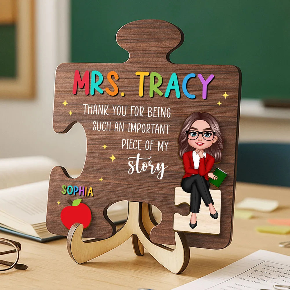 Personalized Teacher 2-Layer Wooden Plaque, Puzzle Piece Unique Gift With Cartoon Teacher, Apple And Book