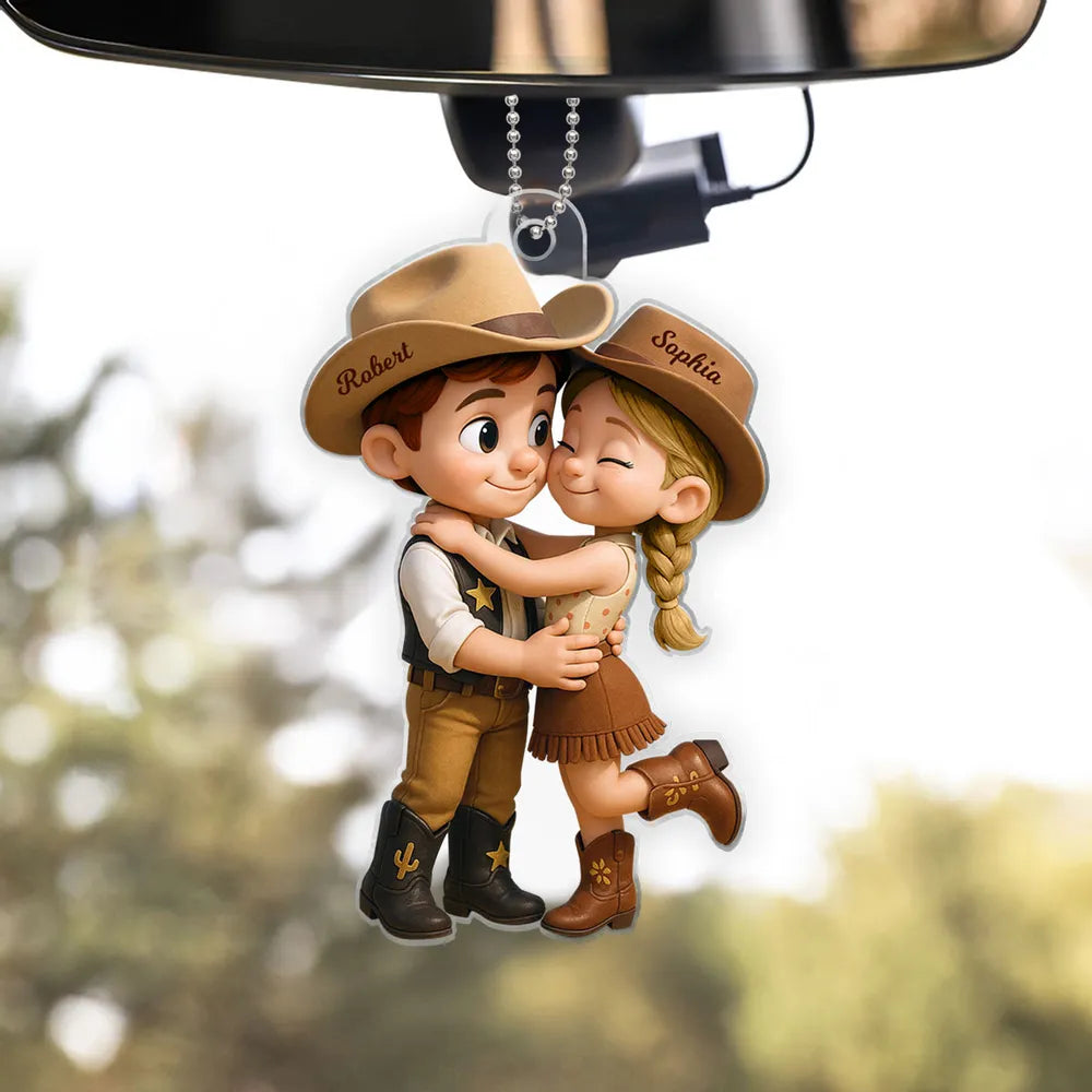 Cowboy & Cowgirl Personalized Acrylic Car Hanger – Cute Couple Gift for Rearview Mirror Decoration
