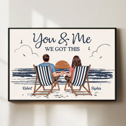 "You & Me We Got This – Custom Line-Art Poster with Sunset Beach Scene"