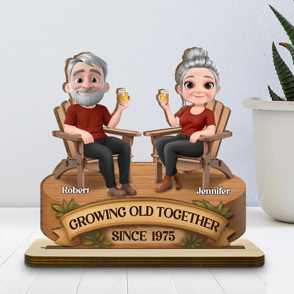 Growing Old Together 2-Layer Wooden Plaque, Seated Couple Toasting, Unique Gift for Husband & Wife
