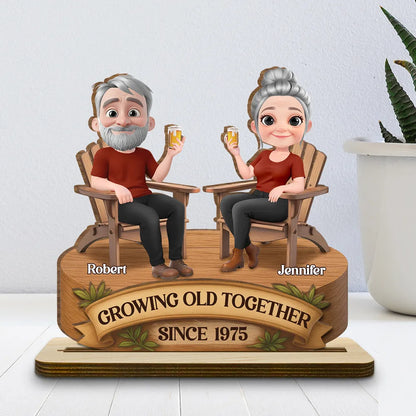 Growing Old Together 2-Layer Wooden Plaque, Seated Couple Toasting, Unique Gift for Husband & Wife