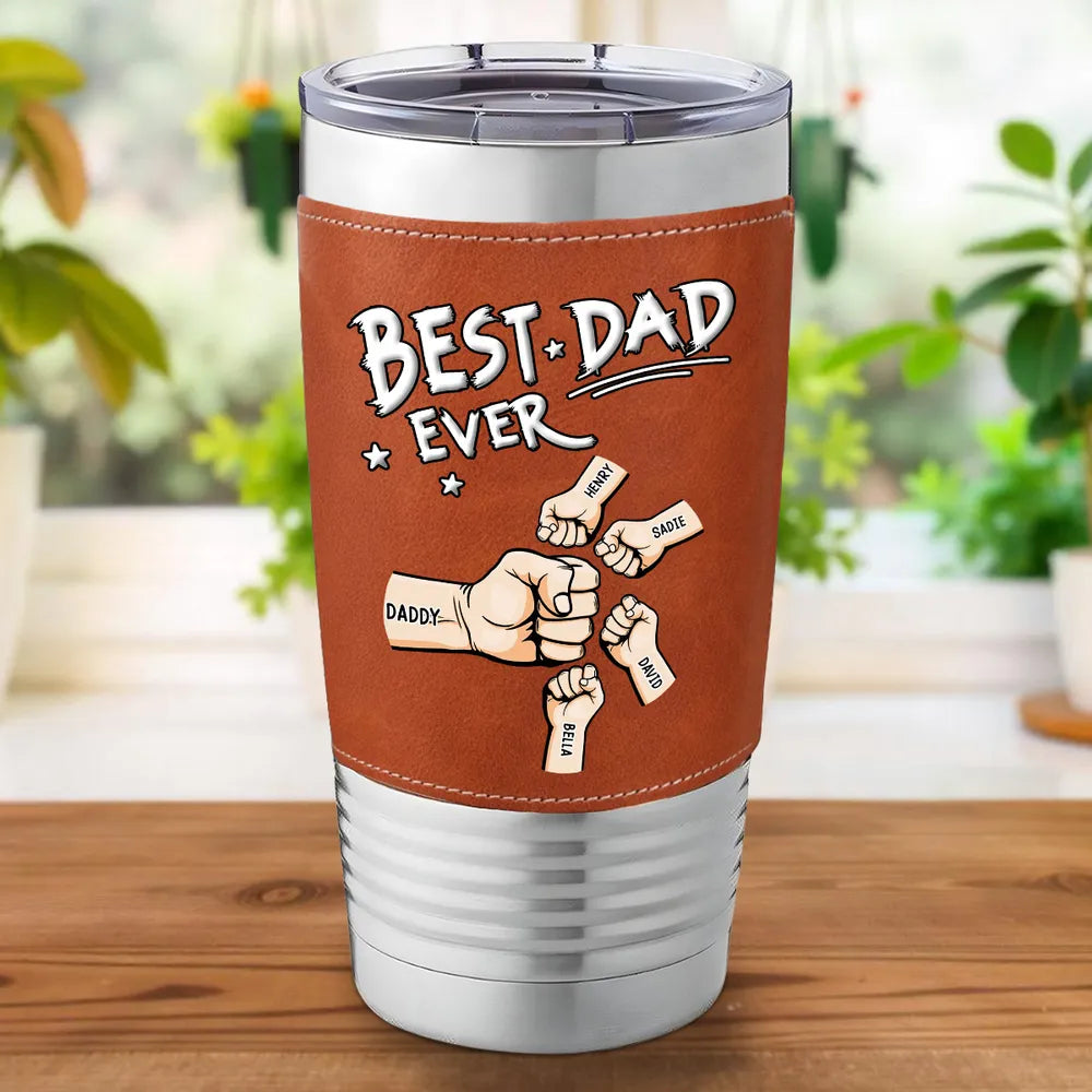 Personalized Leather Wrapped Tumbler, Best Dad Ever Fist Bump Design, Unique Gift for Dad