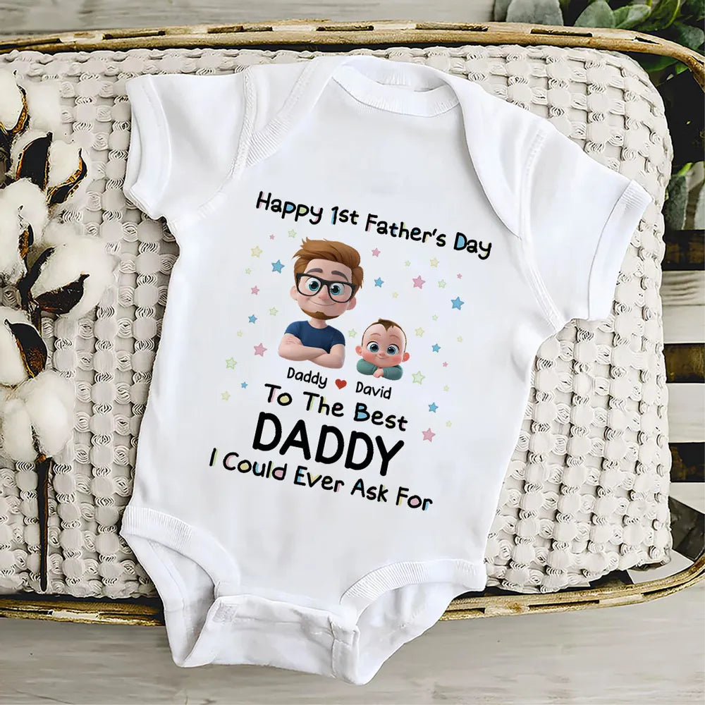 Personalized Short Sleeve Baby Onesie with Cartoon Daddy & Baby, Unique Gift for Dad's First Father's Day