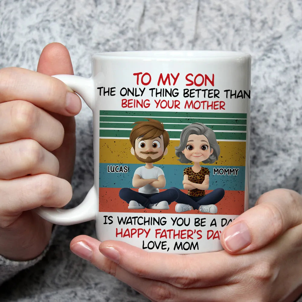 Personalized White Ceramic Mug for Son, Cartoon Mom & Son Father's Day Unique Gift with Retro Stripes