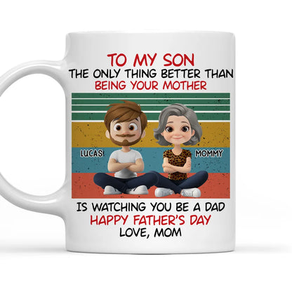 Personalized White Ceramic Mug for Son, Cartoon Mom & Son Father's Day Unique Gift with Retro Stripes