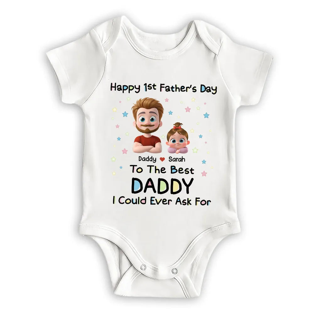 Personalized Short Sleeve Baby Onesie with Cartoon Daddy & Baby, Unique Gift for Dad's First Father's Day