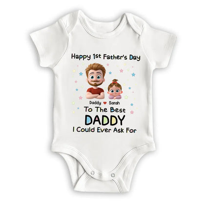 Personalized Short Sleeve Baby Onesie with Cartoon Daddy & Baby, Unique Gift for Dad's First Father's Day