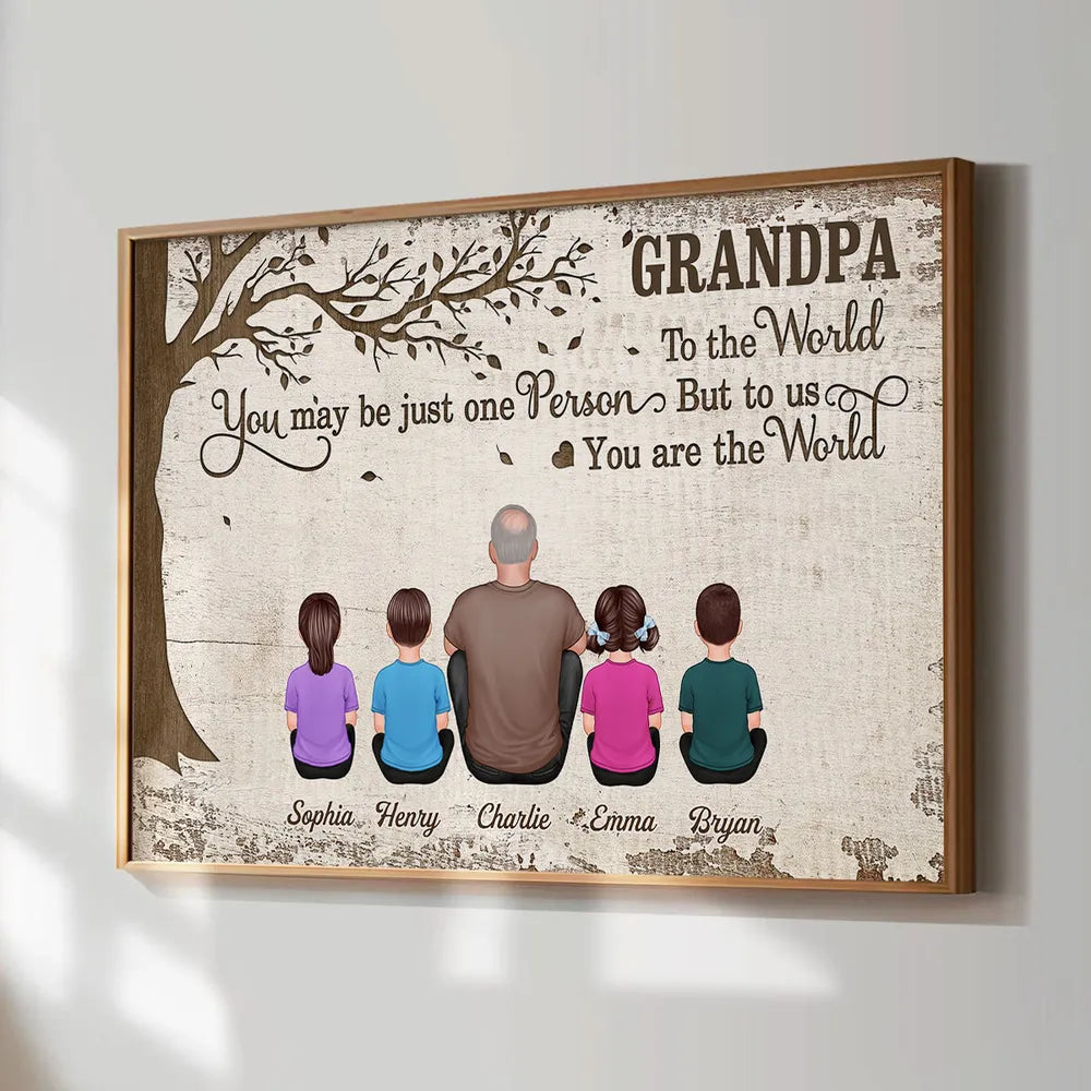 Grandpa To the World Poster, Custom Family Wall Art with Kids Under Tree, Creative Gift for Grandpa