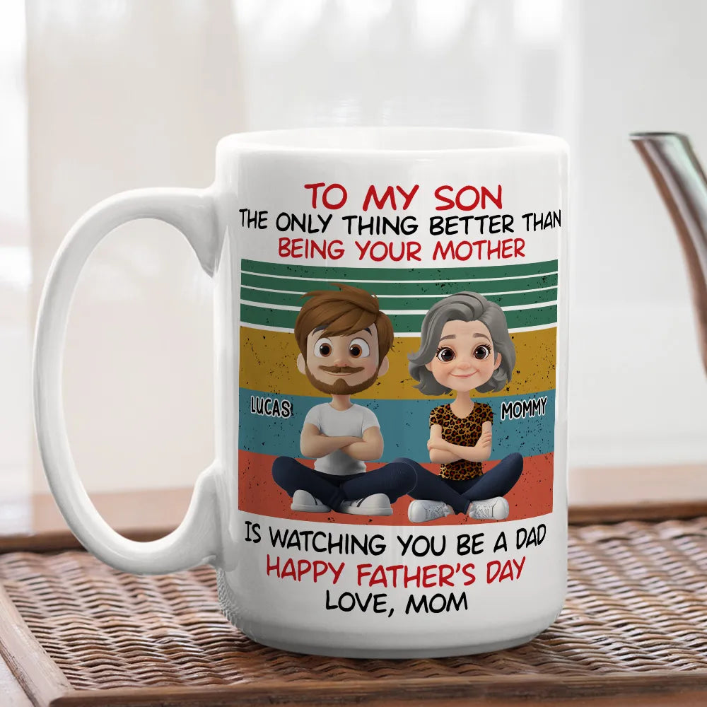 Personalized White Ceramic Mug for Son, Cartoon Mom & Son Father's Day Unique Gift with Retro Stripes