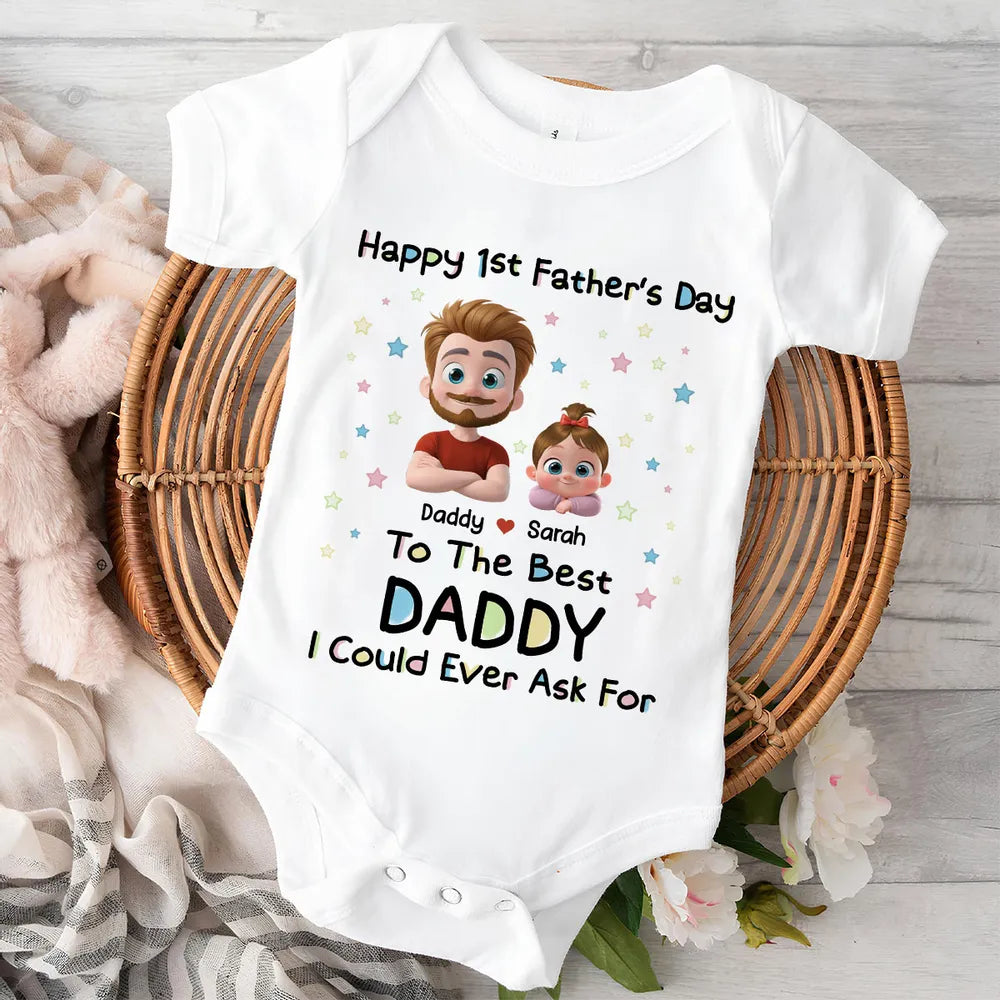 Personalized Short Sleeve Baby Onesie with Cartoon Daddy & Baby, Unique Gift for Dad's First Father's Day
